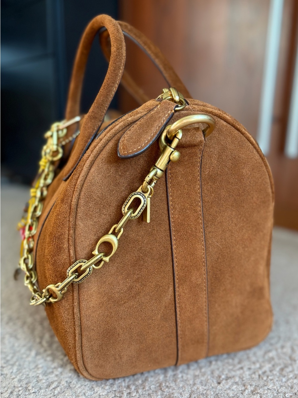 Coach Large Compass Bag 35 CCW80 Warm Brown Suede Crossbody Satchel with Charms - Picture 5 of 11